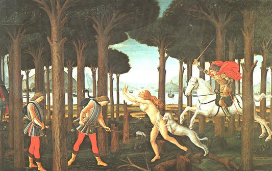 The Story of Nastagio degli Onesti (first episode), vintage artwork by Sandro Botticelli, A3 (16x12") Poster Print