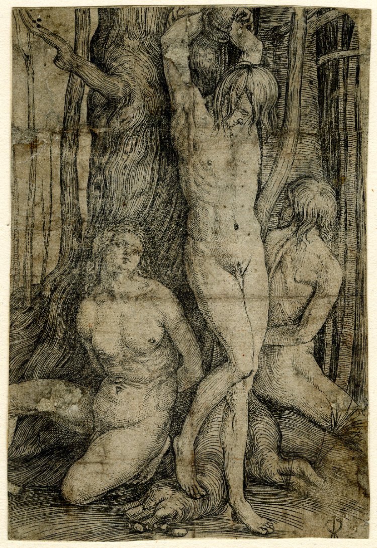 The three prisoners; three naked men bound to a tree, vintage artwork by Jacopo de' Barbari, A3 (16x12") Poster Print