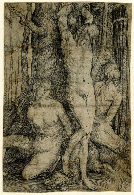 The three prisoners; three naked men bound to a tree, vintage artwork by Jacopo de' Barbari, A3 (16x12") Poster Print