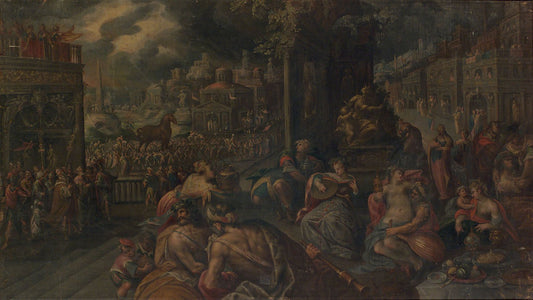The Trojans celebrate the arrival of the wooden horse in the city, vintage artwork by Frederik van Valckenborch, A3 (16x12") Poster Print
