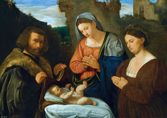 The Virgin Adoring the Child with Two Donors, vintage artwork by Giovanni Girolamo Savoldo, A3 (16x12") Poster Print