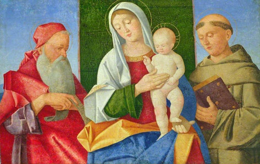 The Virgin and Child between Saints Jerome and Francis, vintage artwork by Follower of Vincenzo Catena, A3 (16x12") Poster Print