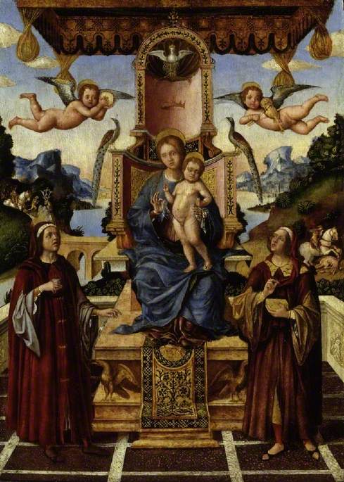 The Virgin and Child Enthroned with Saints Cosmas and Damian, Saint Eustace and Saint George, vintage artwork by Gian Francesco de Maineri, A3 (16x12") Poster Print
