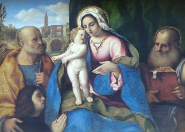 The Virgin and Child, Saints Peter and Jerome and a Donor, vintage artwork by Palma il Vecchio, A3 (16x12") Poster Print