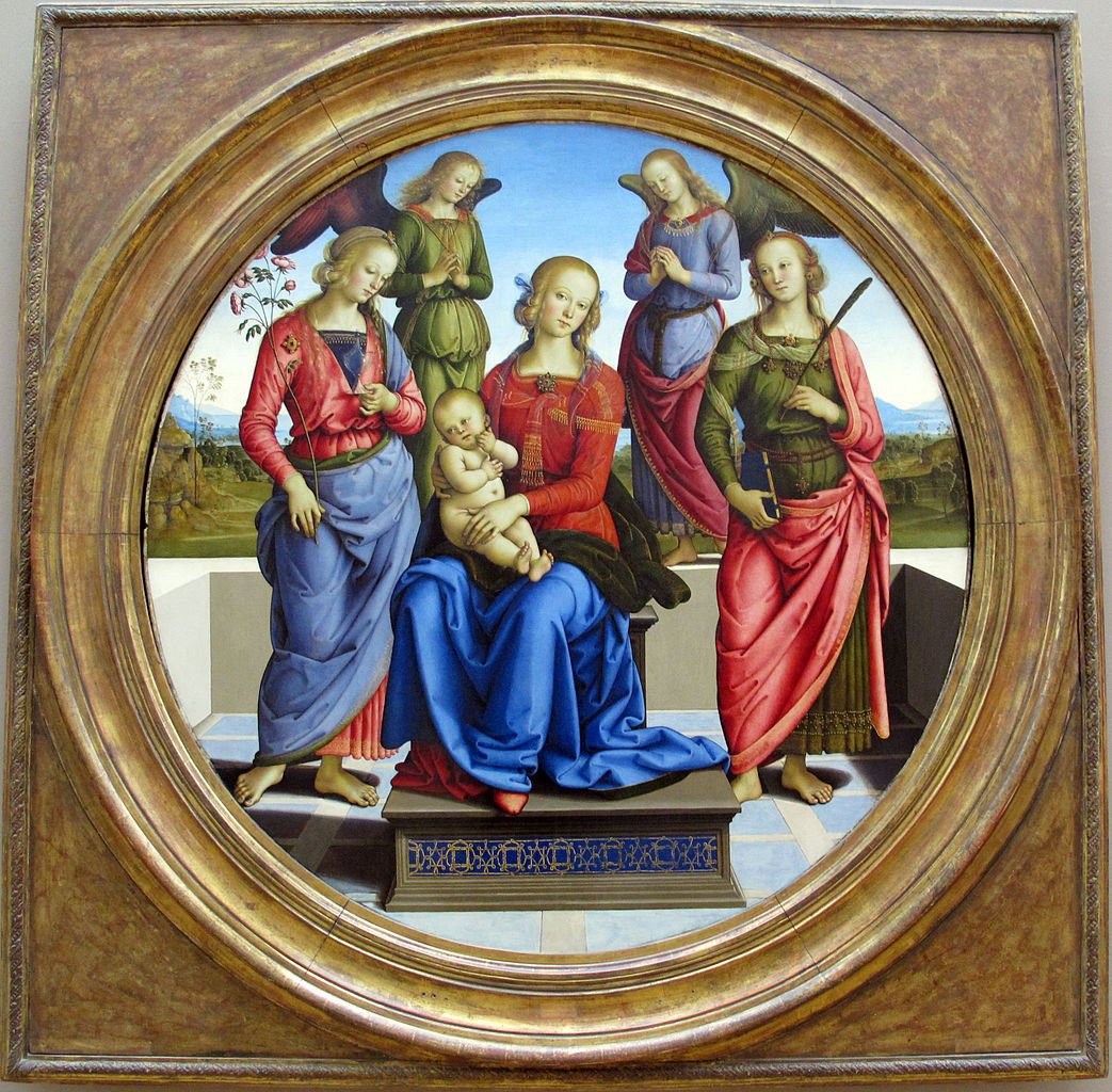 The Virgin and Child Surrounded by  Two Angels, Saint Rosa, and Saint Catharine, vintage artwork by Attributed to Perugino, A3 (16x12") Poster Print