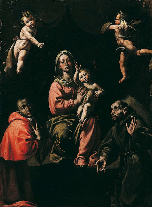 The Virgin and Child with Carlo Borromeo and Francis of Assisi, vintage artwork by Tanzio da Varallo, 12x8" (A4) Poster