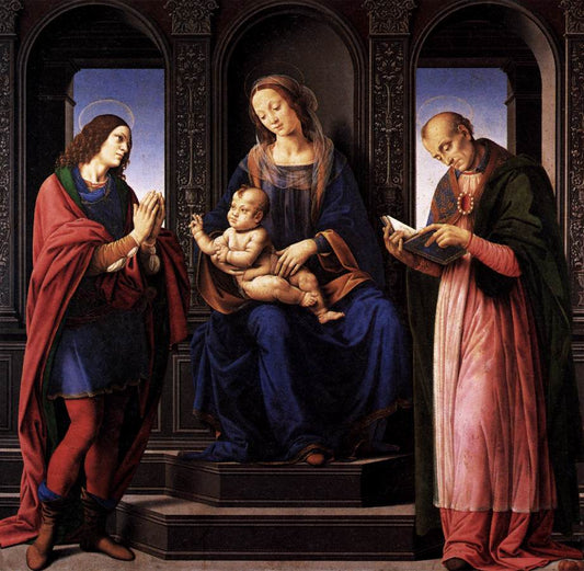 The Virgin and Child with Saint Julian and Saint Nicholas of Myra, vintage artwork by Lorenzo di Credi, A3 (16x12") Poster Print