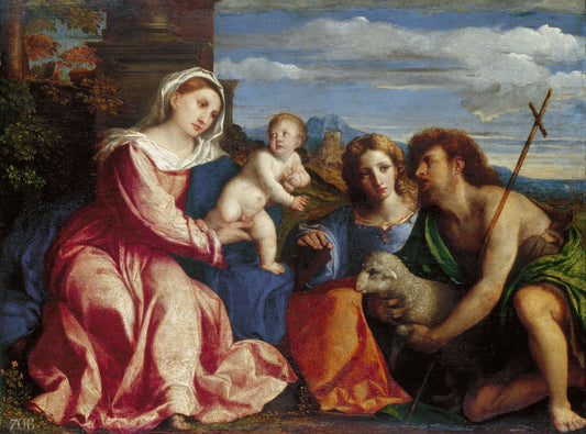 The Virgin and Child with Saints Catherine and John the Baptist, vintage artwork by Palma il Vecchio, A3 (16x12") Poster Print