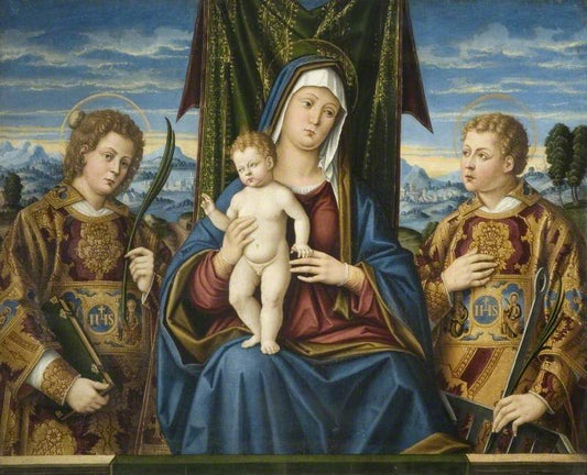 The Virgin and Child with Saints Stephen and Lawrence, vintage artwork by Girolamo da Santa Croce, A3 (16x12") Poster Print