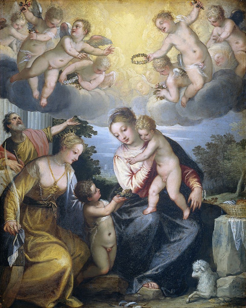 The Virgin and Child with St. John the Baptist and St. Catherine, vintage artwork by Hans Rottenhammer, A3 (16x12") Poster Print