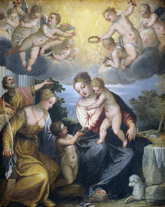The Virgin and Child with St. John the Baptist and St. Catherine, vintage artwork by Hans Rottenhammer, A3 (16x12") Poster Print