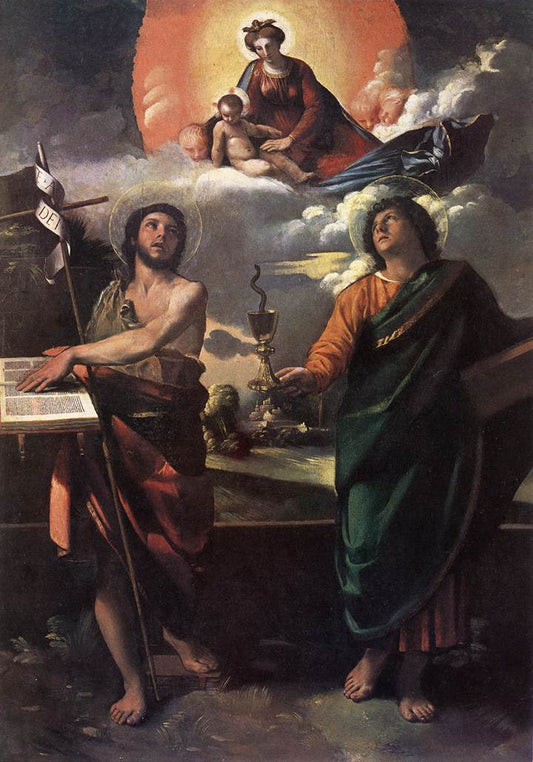 The Virgin Appearing to Saints John the Baptist and John the Evangelist, vintage artwork by Dosso Dossi, A3 (16x12") Poster Print