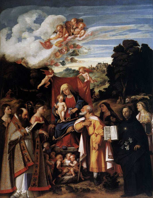 The Virgin Enthroned with Angels and Saints, vintage artwork by Giovanni Cariani, A3 (16x12") Poster Print