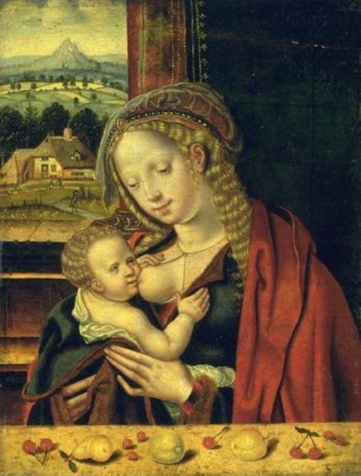 The Virgin Suckling the Infant jesus, vintage artwork by Joos van Cleve, A3 (16x12") Poster Print