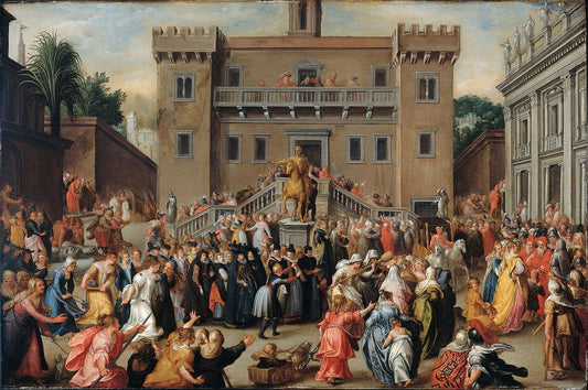The Women of Rome Gathering at the Capitol, vintage artwork by Pieter Isaacsz, 12x8" (A4) Poster