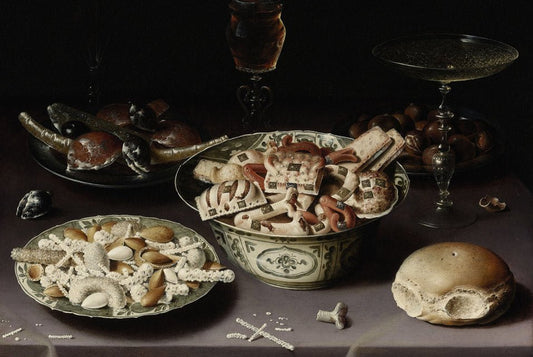 Three Dishes of Sweetmeats and Chestnuts with Three Glasses on a Table., vintage artwork by Osias Beert, 12x8" (A4) Poster
