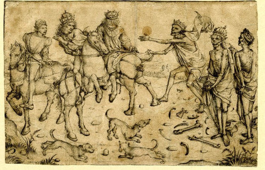 Three living and three dead kings; to the left are three kings on horseback, vintage artwork by Master of the Housebook, A3 (16x12") Poster Print
