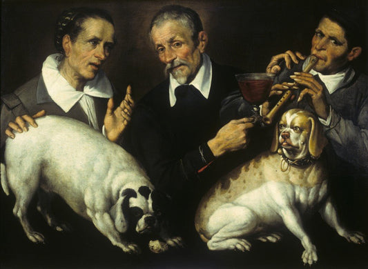 Three men with two dogs, vintage artwork by Bartolomeo Passarotti, 12x8" (A4) Poster