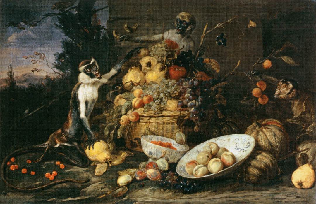Three Monkeys Stealing Fruit, vintage artwork by Frans Snyders, 12x8" (A4) Poster