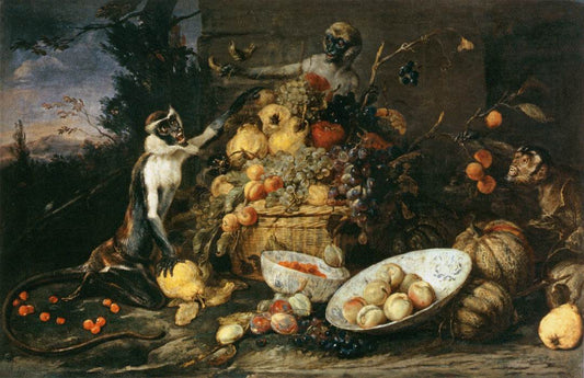 Three Monkeys Stealing Fruit, vintage artwork by Frans Snyders, 12x8" (A4) Poster