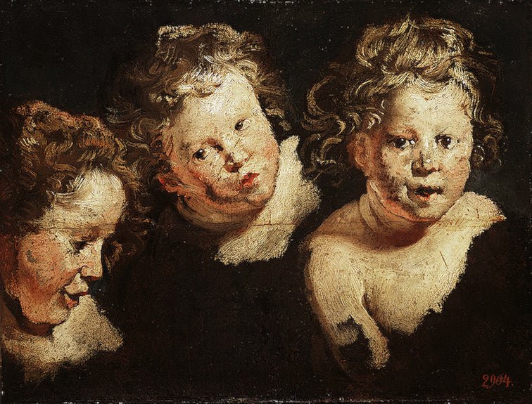Three Studies of a Child's Head, vintage artwork by Jacob Jordaens, 12x8" (A4) Poster