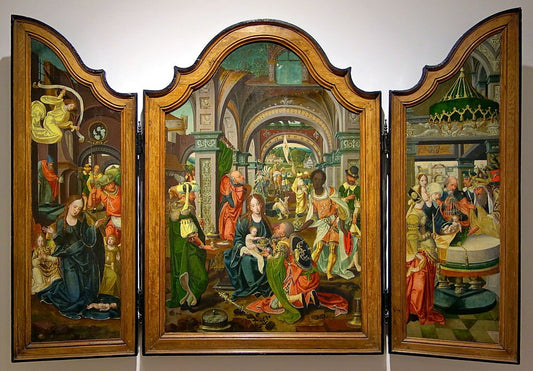 Triptych:  Adoration of the Infant, Adoration of the Kings and Presentation in the Temple, vintage artwork by Master of 1518, A3 (16x12") Poster Print