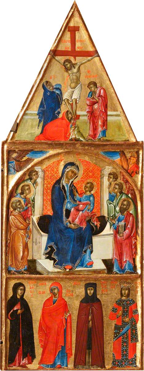 Triptych, centre panel: The Madonna and Child Adored by  Saint Peter and Saint Paul and Angels etc, vintage artwork by Italian School 14th Century - Unknown, A3 (16x12") Poster Print