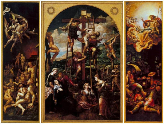 Triptych: Deposition, Resurrection of Christ, and Christ's Descent into Limbo, vintage artwork by Pieter Coecke van Aelst, A3 (16x12") Poster Print
