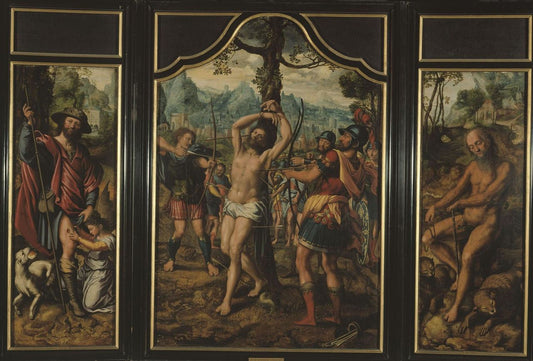 Triptych of the Martyrdom of St Sebastian, vintage artwork by Jan Sanders van Hemessen, A3 (16x12") Poster Print