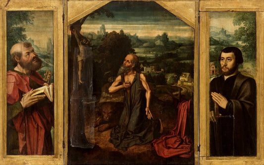 Triptych:  Penitent Saint Jerome, with Saint Peter and a Donor as Saint Paul, vintage artwork by Attributed to Ambrosius Benson, A3 (16x12") Poster Print