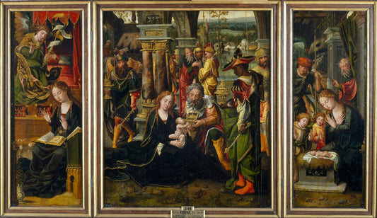 Triptych: The Annunciation, The Adoration of the Magi, The Adoration of the Angels and Shepherds, vintage artwork by Pieter Coecke van Aelst, A3 (16x12") Poster Print