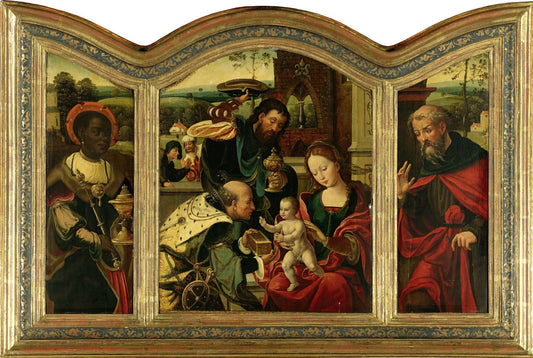 Triptych: The Magus Balthazar, The Adoration of the Magi, Saint Joseph, vintage artwork by Workshop of Pieter Coecke van Aelst, A3 (16x12") Poster Print