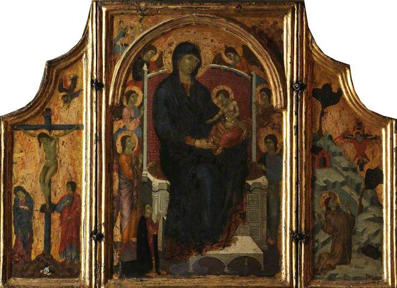 Triptych: The Virgin and Child; Crucifixion (left wing); Saint Francis Receiving the Stigmata (right, vintage artwork by Master of Città di Castello, 12x8" (A4) Poster