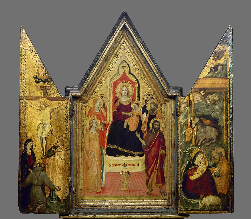 Triptych:  The Virgin Enthroned with Saints, the Crucifixion and the Nativity, vintage artwork by Maso di Banco, 12x8" (A4) Poster