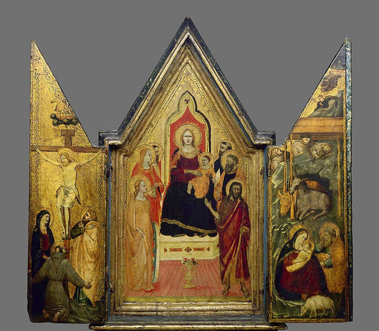 Triptych:  The Virgin Enthroned with Saints, the Crucifixion and the Nativity, vintage artwork by Maso di Banco, 12x8" (A4) Poster