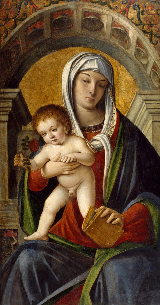 Triptych with Madonna and Child Enthroned Between the Archangel Michael and Saint Peter (center), vintage artwork by Niccolo Rondinelli, A3 (16x12") Poster Print