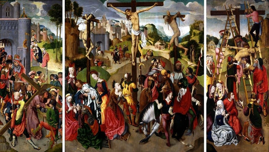 Triptych with the Crucifixion, Carrying of the Cross and the Deposition, vintage artwork by Master of the Virgo inter Virgines, A3 (16x12") Poster Print