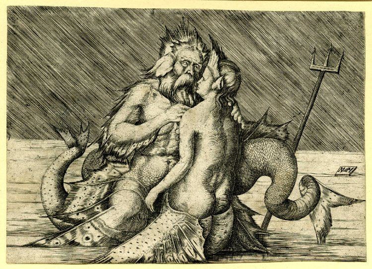 Triton and Nereid caressing each other in the sea, vintage artwork by Jacopo de' Barbari, A3 (16x12") Poster Print
