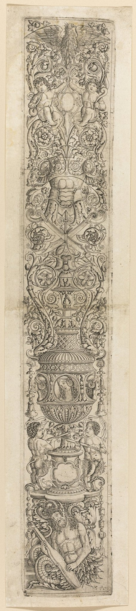 Triton and Two Infant Satyrs, plate four from Twelve Ornament Panels by  Giovanni Antonio da Brescia, 23x16"( A2 size) Poster Print