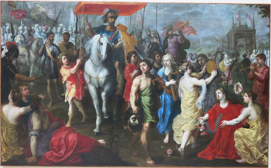 Triumph of king David after killing the philistine giant Goliath, vintage artwork by Hendrick van Balen, 12x8" (A4) Poster