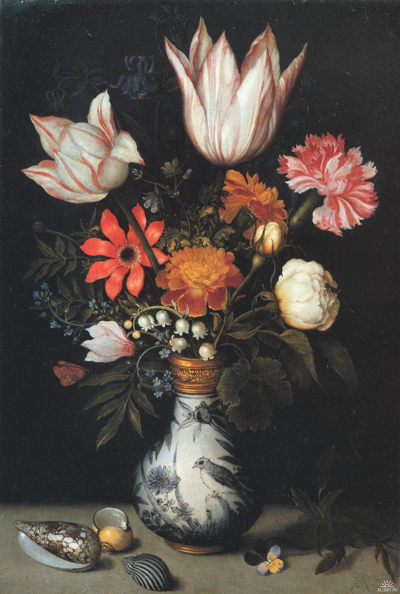 Tulips, Roses, a Pink and White Carnation, Forgets-Me-Nots, Lilly of the Valley and other Flowers, vintage artwork by Ambrosius Bosschaert (I), 12x8" (A4) Poster
