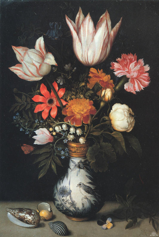 Tulips, Roses, a Pink and White Carnation, Forgets-Me-Nots, Lilly of the Valley and other Flowers, vintage artwork by Ambrosius Bosschaert (I), 12x8" (A4) Poster