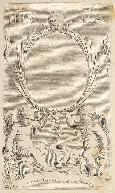 Two Angels Seated on Clouds-Claude Mellan , vintage art, A3 (16x12") Poster Print