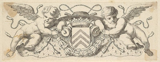 Two Cherubs with the Arms of Cardinal Richelieu before 1642-Cl, vintage art, A3 (16x12") Poster Print