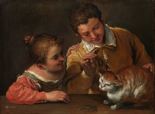 Two Children Teasing a Cat, vintage artwork by Annibale Carracci, A3 (16x12") Poster Print