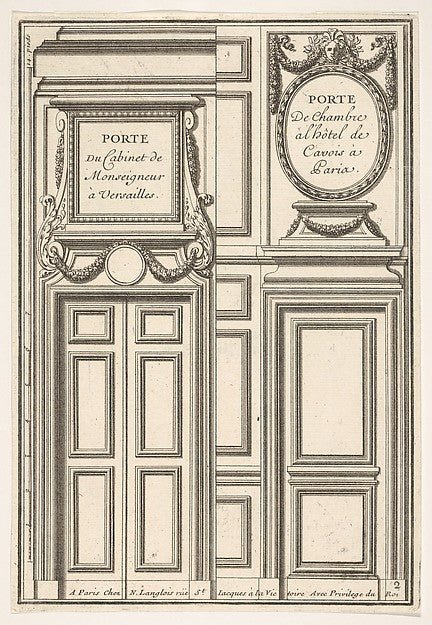:Two Designs for Doors one at Versailles and one at the Hotel Cavois in Paris plate II from the Series 'Portes a Placard et Lambris' published as part of 'L'Architecture à la Mode' 17th century, vintage artwork, 16x12"(A3) Poster Print