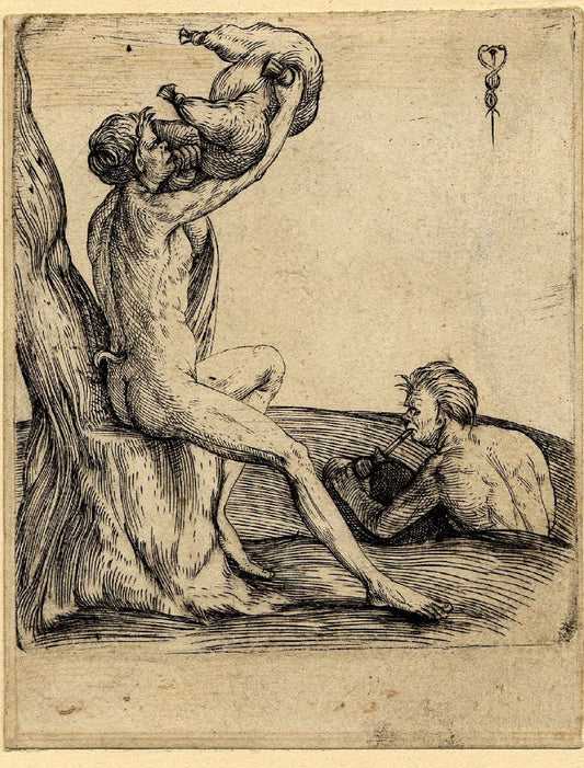 Two fauns, one drinking from a wine-skin, the other playing the bagpipes, vintage artwork by Jacopo de' Barbari, A3 (16x12") Poster Print