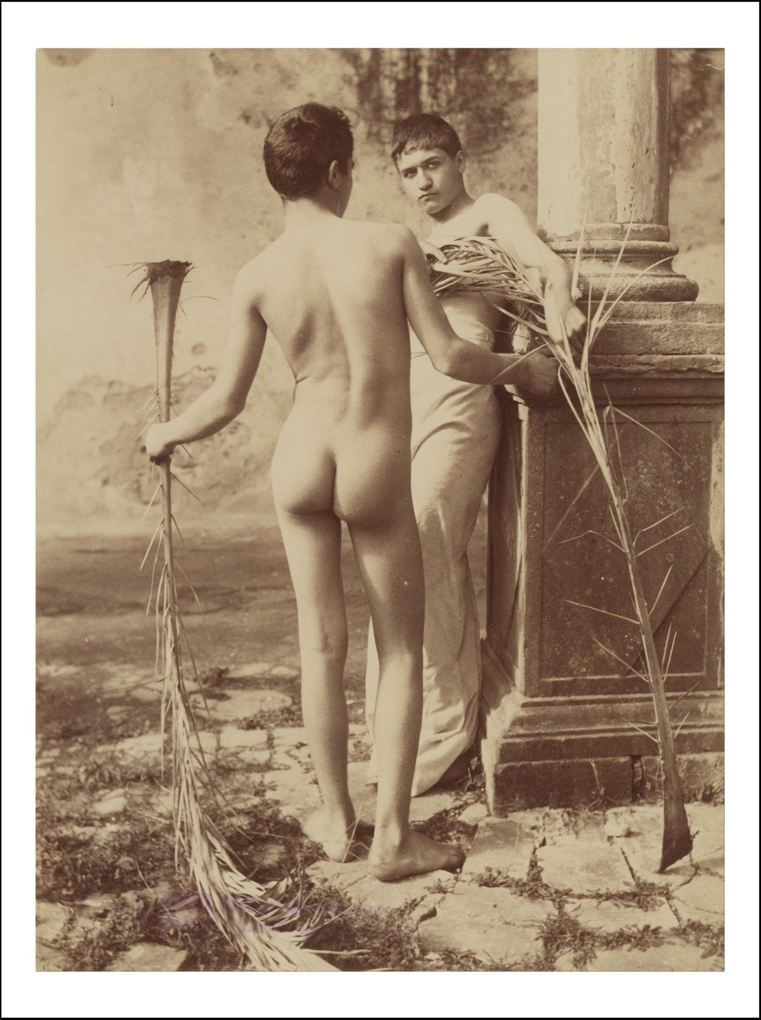 Two Male Youths Holding Palm Fronds by Wilhelm von Gloeden, histoic photo, 12x8" (a4) Poster Print