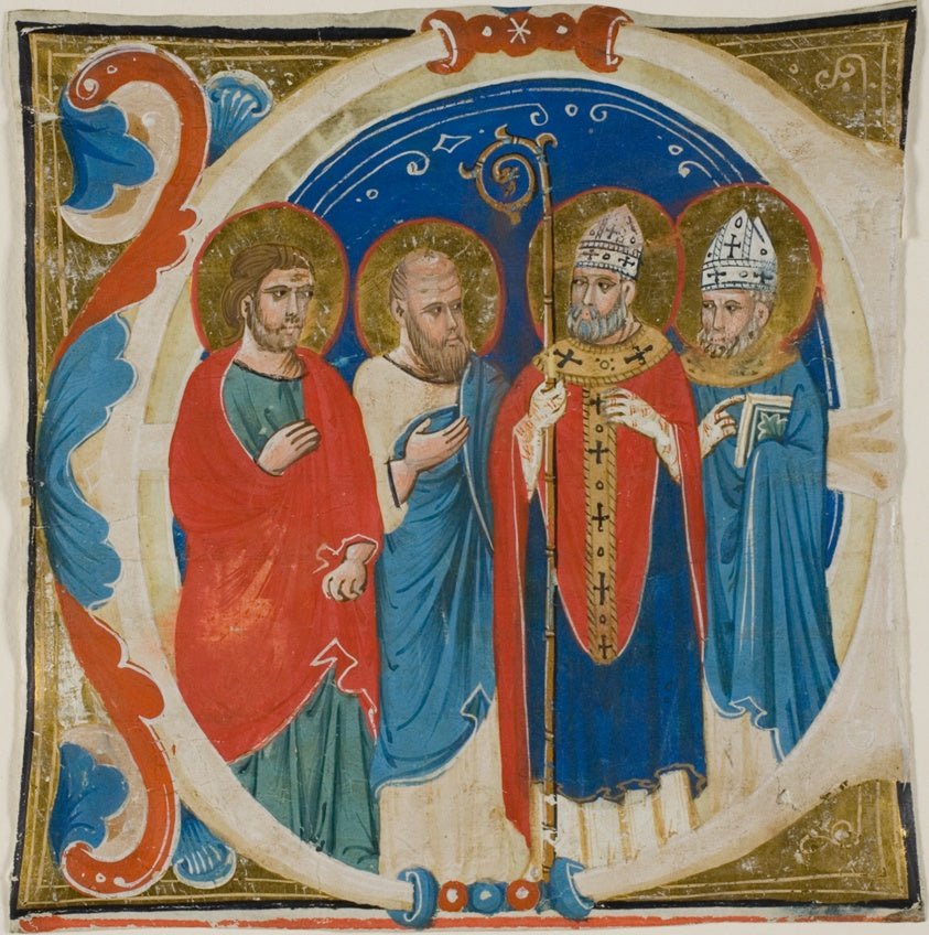 Two Saints and Two Bishops in a Historiated Initial "E" from a Choir Book by  Italian (Siena or Bologna),23x16"( A2 size ) Poster Print