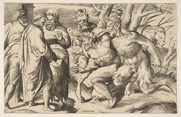 Two satyrs brining Silenus King Midas standing at the left 153, vintage art, A3 (16x12") Poster Print
